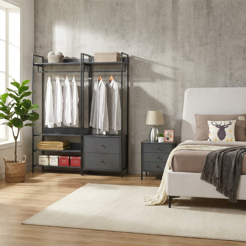 Alva Open Wardrobe With 2 Drawers 3 Piece Bedroom Set, Dark Grey