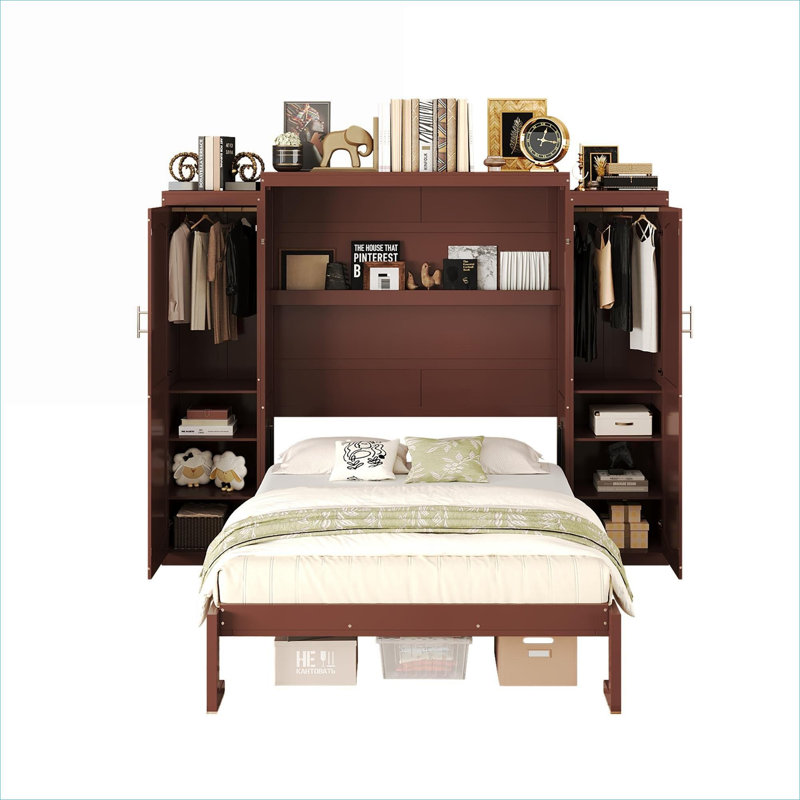 Lit escamotable pliable en bois de couleur brun avec rangement pour garde-robe pour chambres d'amis et petites chambres