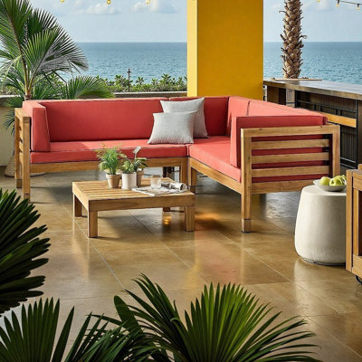 V-Shaped Acacia Wood Outdoor Sectional Sofa Set with Water-Resistant Cushions & Coffee Table