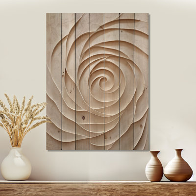 Spirale abstraite de fleur de rose beige I - art mural traditionnel en bois sur bois de pin naturel
