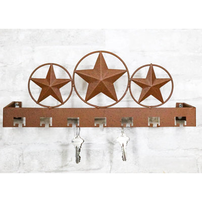 Rustic Western Triple Lone Star Circles Metal Wall Key Hooks Decor Plaque