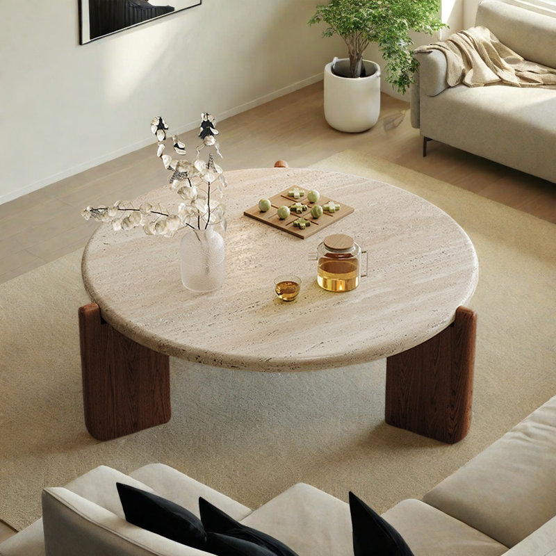 Ancient style round solid wood coffee table, 13.8" H x 39.4" L x 39.4" W, Brown