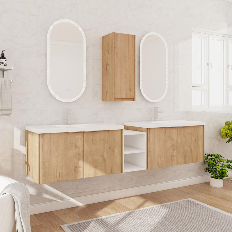 Meuble-lavabo mural double 84 po avec plateau en résine, 84 po et 4 portes