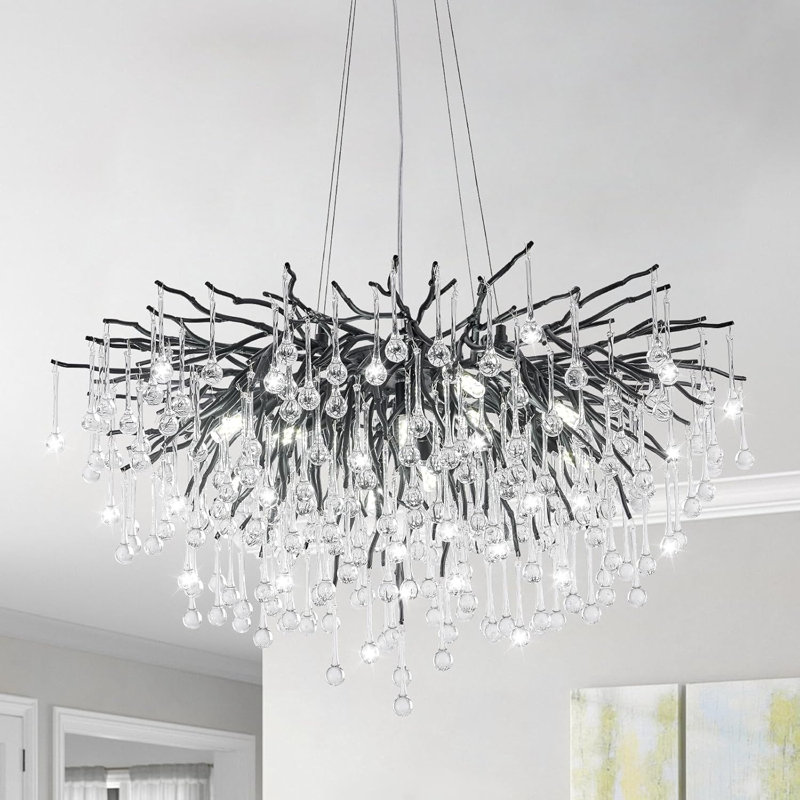 Lustre moderne en cristal 23,6 pouces avec cadre noir pour les salles à manger, les salons et les chambres, Noir, 8