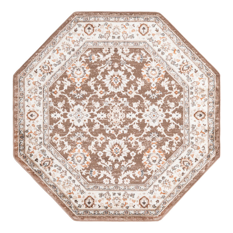 Tapis floral brun / ivoire Charlotte, Octogone 5 pi 3 po x 5 pi 3 po