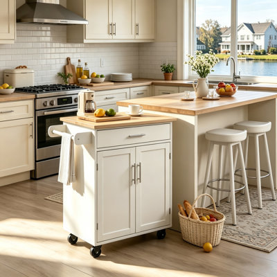 Rolling Kitchen Island Cart with Lockable Wheels, Mobile Storage Trolley for Small Apartment, Adjustable Cabinet Shelf & Towel Bar, Versatile Coffee Bar Serving Cart