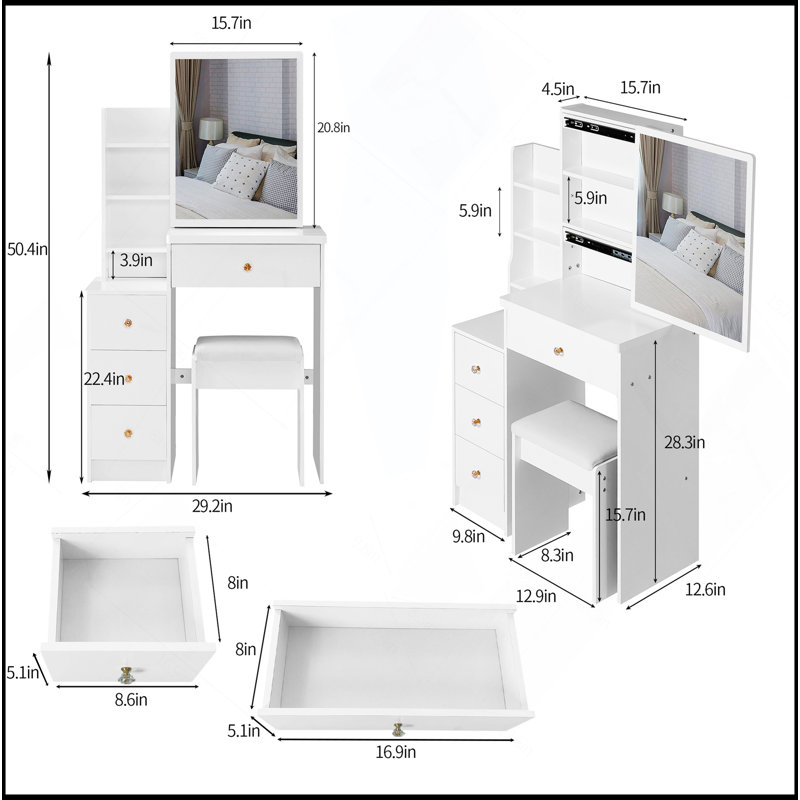 Petite coiffeuse 29,2 po avec tabouret de chevet gauche + tabouret rembourré, très grand miroir coulissant à droite, rangement multi-couches grande capacité, commode pratique et pratique, convient aux petits espaces