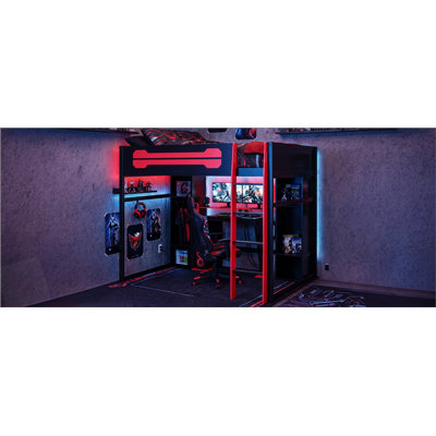 Lit mezzanine double en bois avec bureau, rangement, DEL RVB, charge USB, garde-robe et armoires pour chambres à coucher modernes