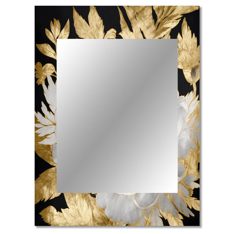Exquisite White Rose Blooming Floral Gold Glam - Rose Decorative Wall Mirror, Traditional Large Mirror, Printed Metal Art