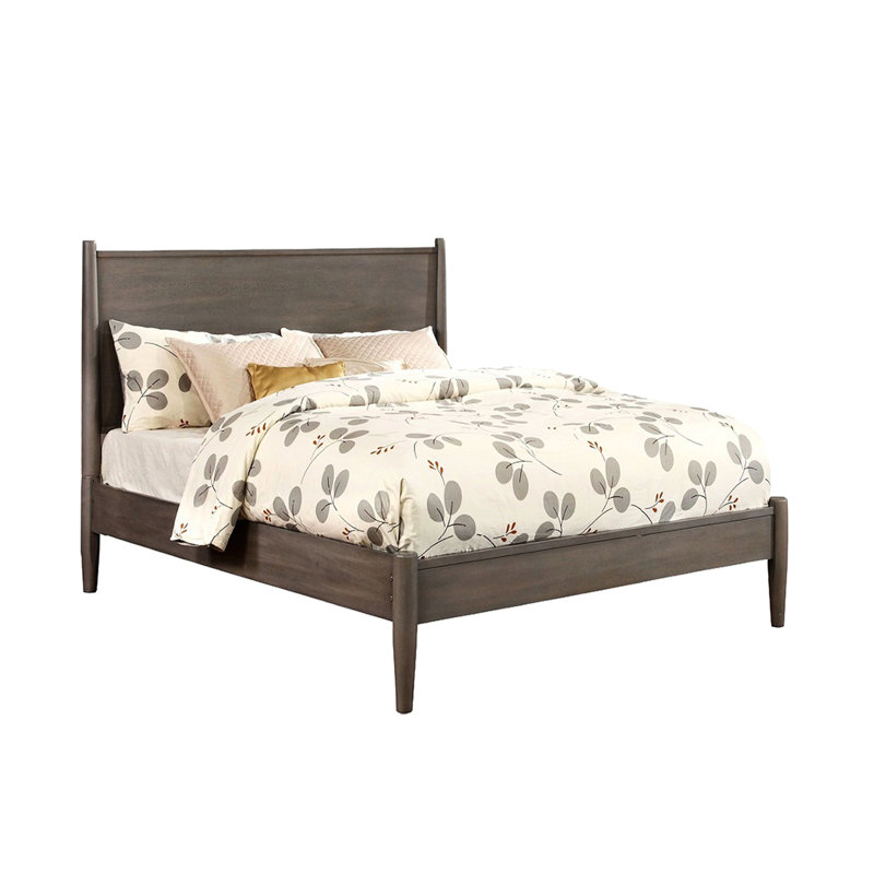 Lit plateforme moderne en bois gris Mid-Century pleine grandeur avec pieds fuselés ronds, ensemble de lattes et lit de sommier sans sommier, conception construite résolument, requise