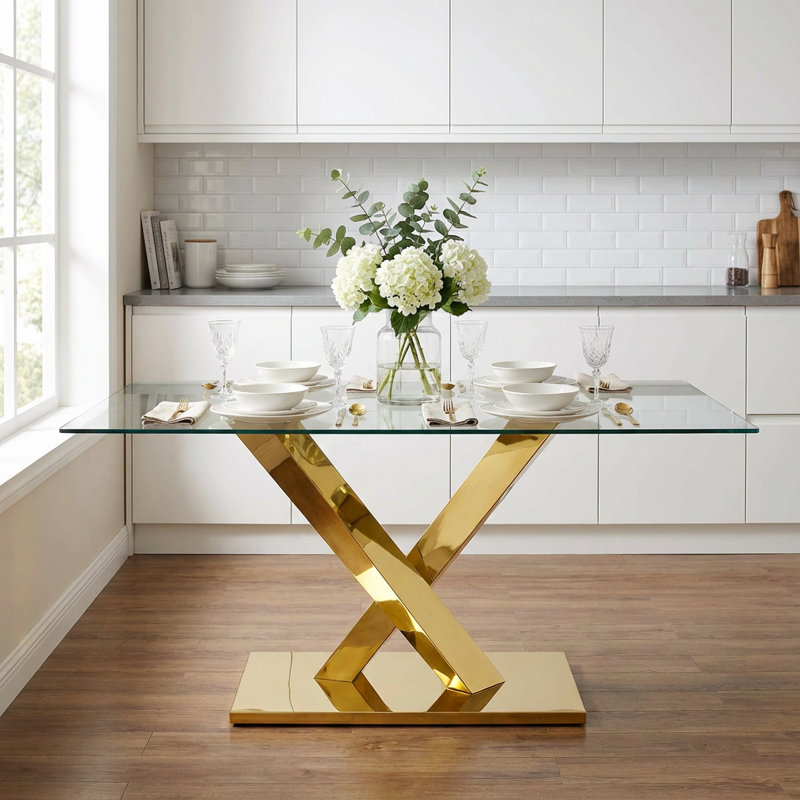 Gold Stainless Steel Dining Table 70.08 Inch Clear Tempered Glass Top