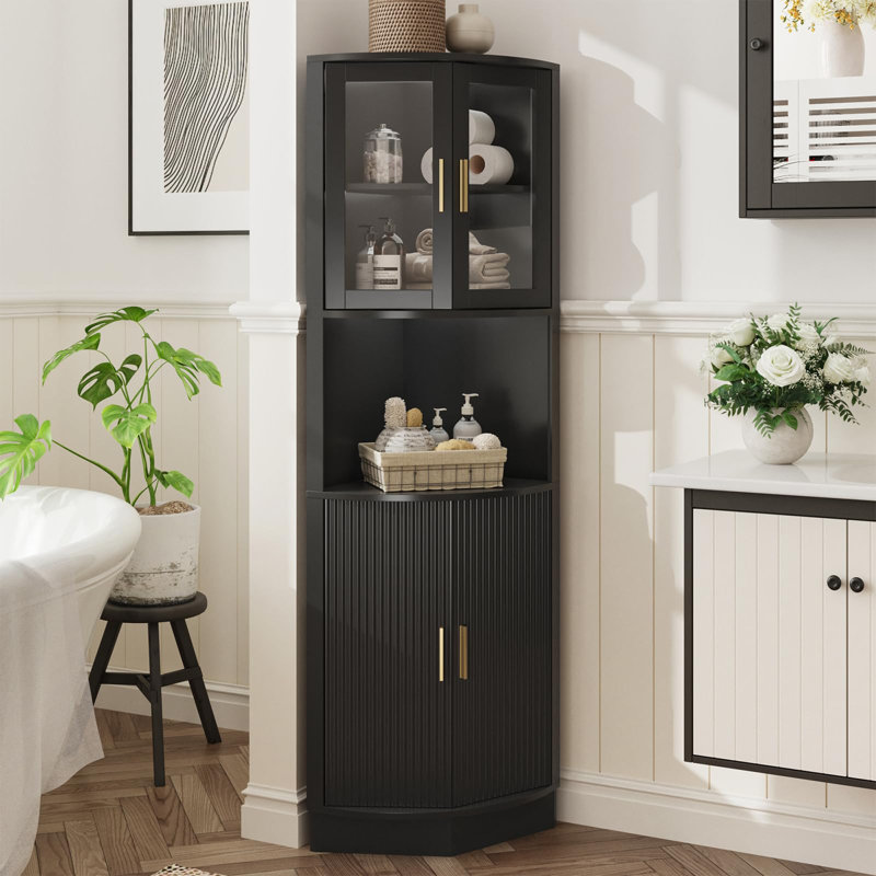 Grande armoire d'angle 64,9 "avec porte en verre, Noir, Doré