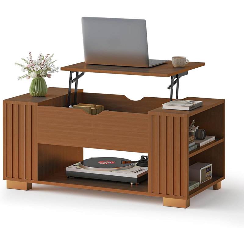 Table basse à plateau relevable avec rangement pour le salon, les espaces ouverts et le compartiment caché, Noyer