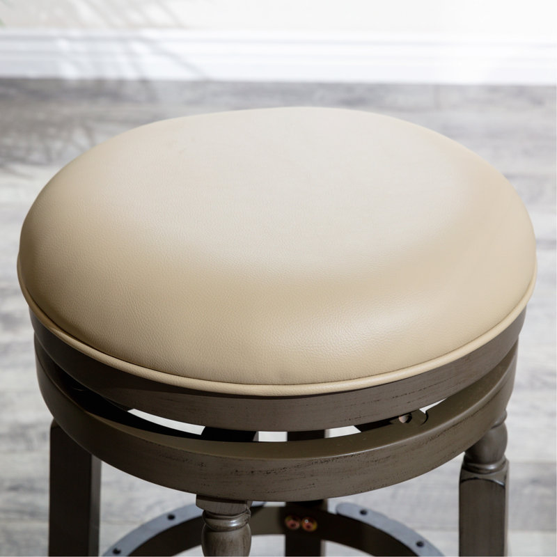 30" Bar Stool, Weathered Gray Finish, French Gray Leather Seat, Beige