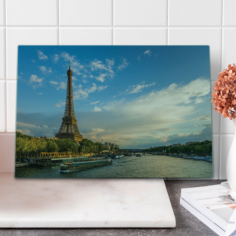 Ambesonne Eiffel Tower Cutting Board Large Size Sun Eiffel Tower Yellow Green Blue