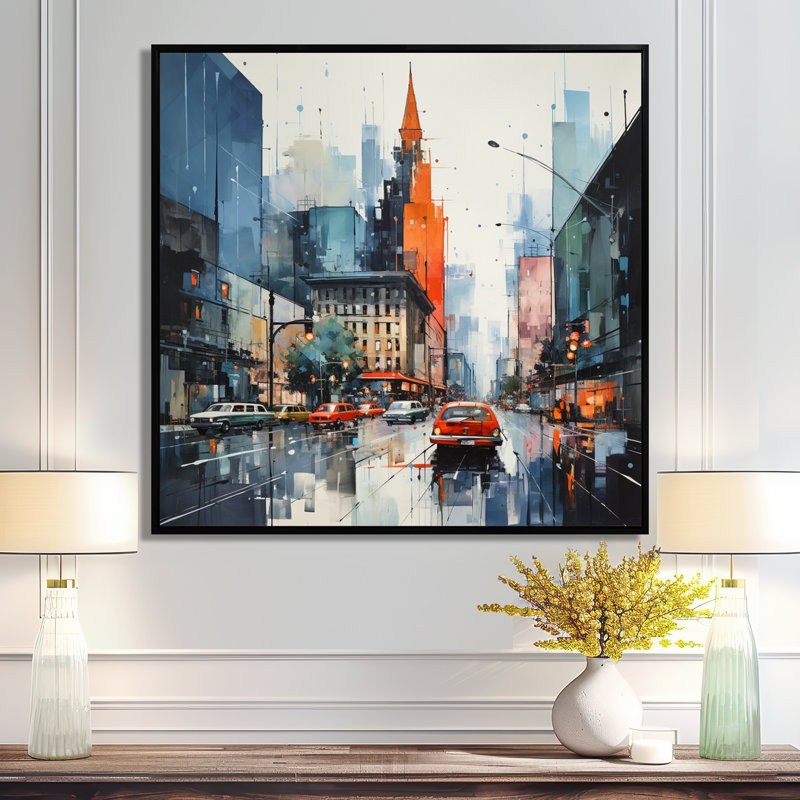 Ameela bleu gris Mid Century Mid-Century Metropolis I - Art abstrait Mid-Century, Cadre flottant noir, 44" H x 44" W