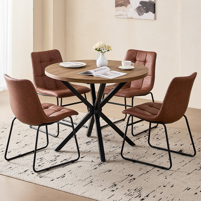 Ensemble de salle à manger 5 pièces rond moderne, table en bois brun 39 po avec 4 chaises en similicuir