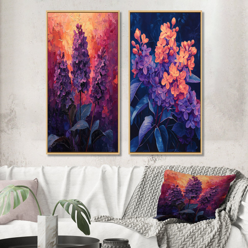 Fiery Lilacs in Dark Tones Expressionism I - Art mural floral 2 pièces, H 32 po x l 33 po, Cadre crème crème