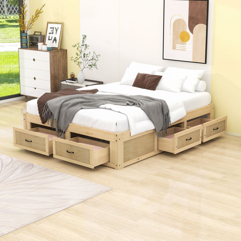 Lit plateforme en bois avec 6 tiroirs de rangement, Naturel antique, Grand