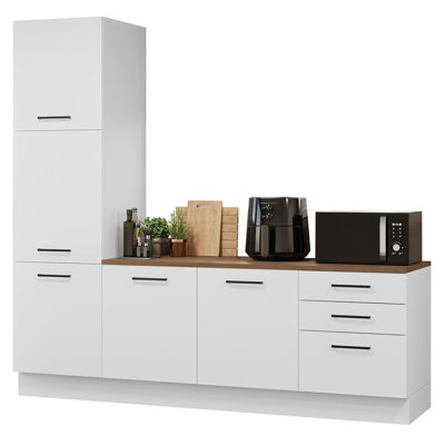 Hazel Kitchen Set 94"L Pantry Storage and Base Cabinet with Drawers Engineered Wood Multiple Compartments Organization Unit - White