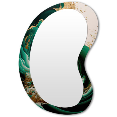 Eolanda émeraude vert et or abstrait vagues IV - spirales abstraites de forme irrégulière grand miroir, décor mural moderne asymétrique unique, art imprimé en métal