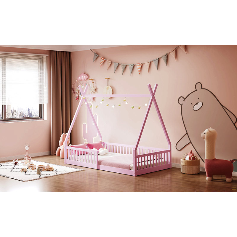 Lit simple en bois avec clôture, Rose
