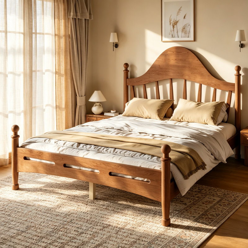 Platform Bed with Chic Headboard, Antique brown