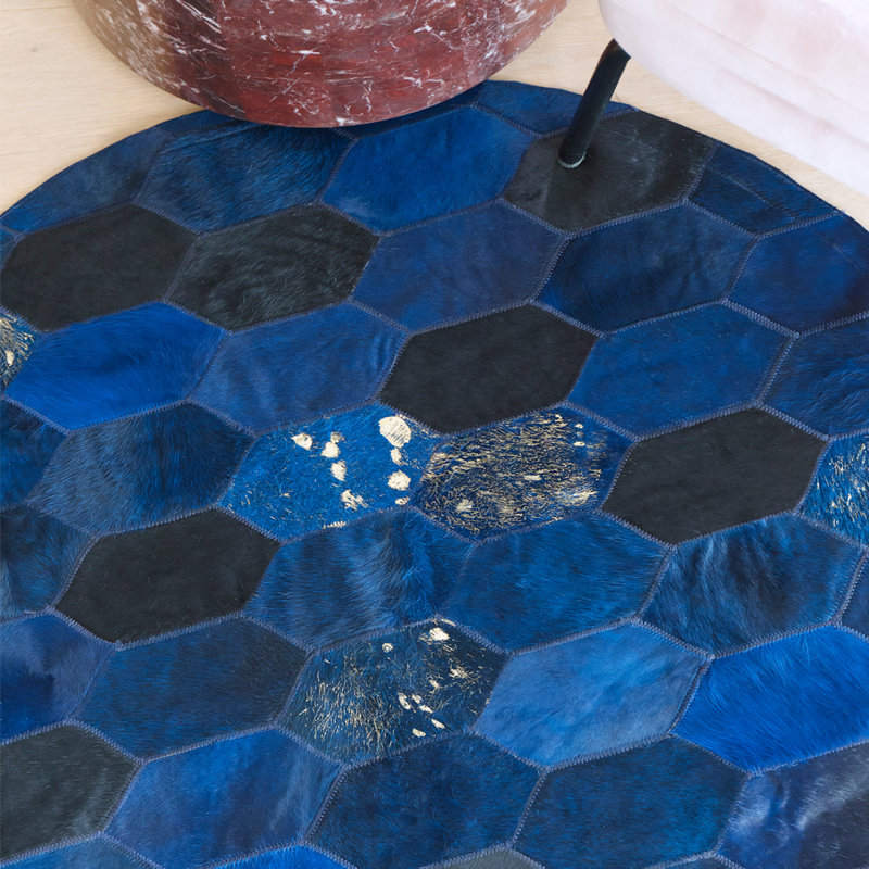 Cowhide Area Rug in Blue, Round 8'2''