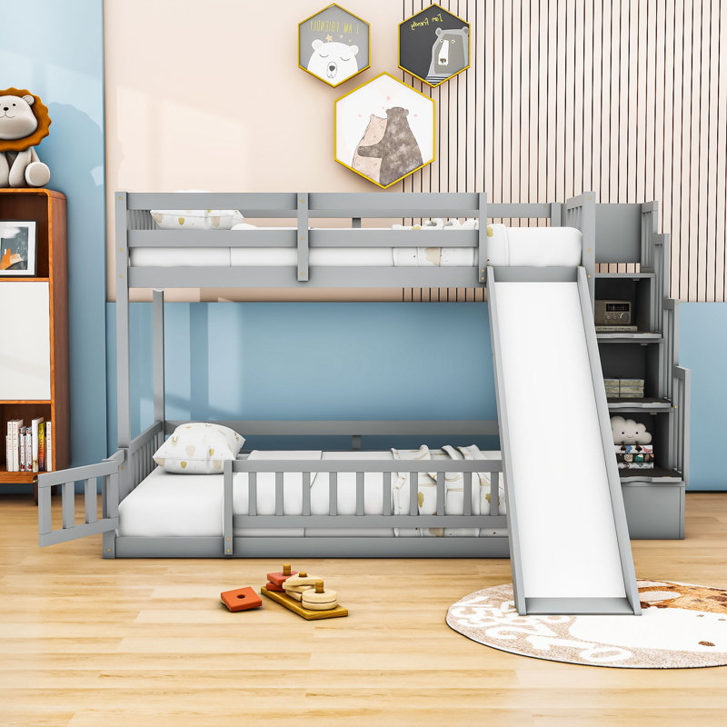 Kalief Twin Over Full Bunk Bed With Slide, Storage Stairs, Safety Rails, Gray