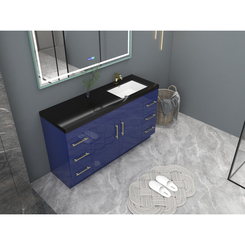 Ensemble de meuble-lavabo simple 60 "60", Bleu nuit brillant, Or mat