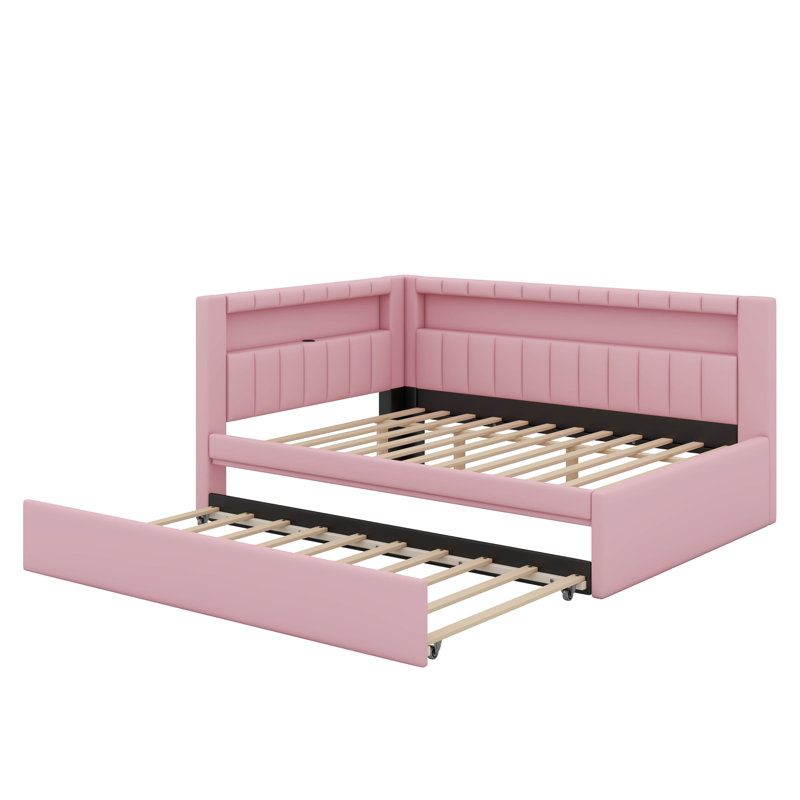 Full Size Platform Bed With USB Ports And Trundle, Pink