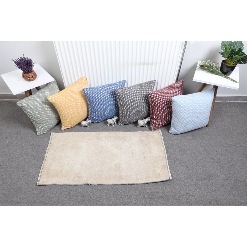 Beige Antique Small Rug With Faded Oushak Design Ideal For Bathrooms And Other Small Spaces