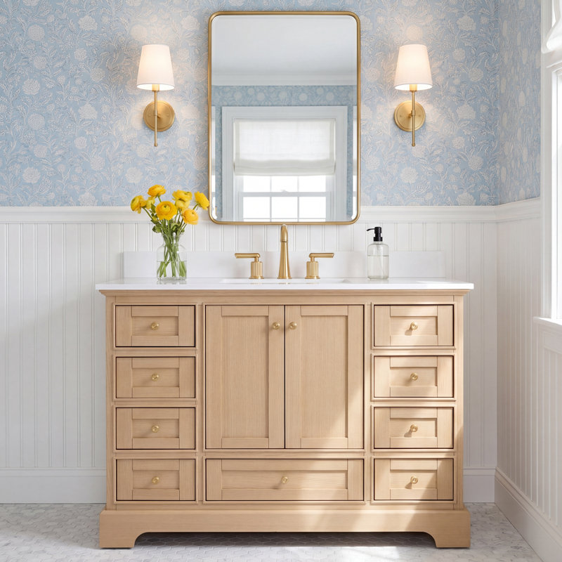 Varna 48'' Single Bathroom Vanity with Carrara Marble Top, Oak/Rose Gold, Pure White Quartz