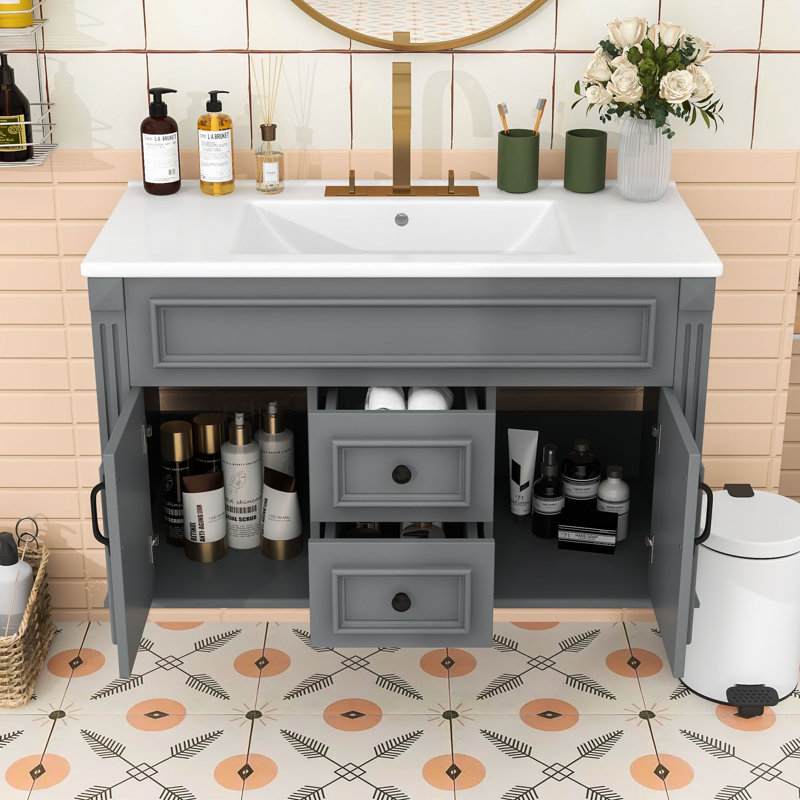 Meuble-lavabo flottant mural avec lavabo en céramique, portes et tiroirs à fermeture en douceur, Gray