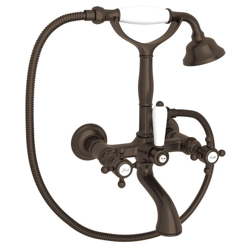 Country Bath Triple Handle Wall Mount Exposed Tub Filler Faucet, Metal Cross Handle, Tuscan Brass