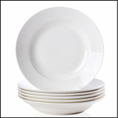 White Dinner Plates Set of 6, 9.5 Inch Salad Serving Modern Round Dishes - Dishwasher, Microwave, Oven Safe, Scratch Resistant, Smooth Glaze