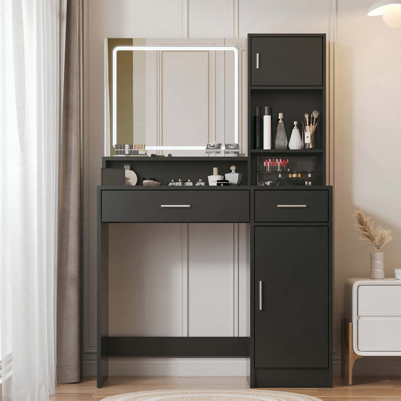 Vanity Desk with Mirror, LED Light Strip, Large Drawer and 3-Level Storage
