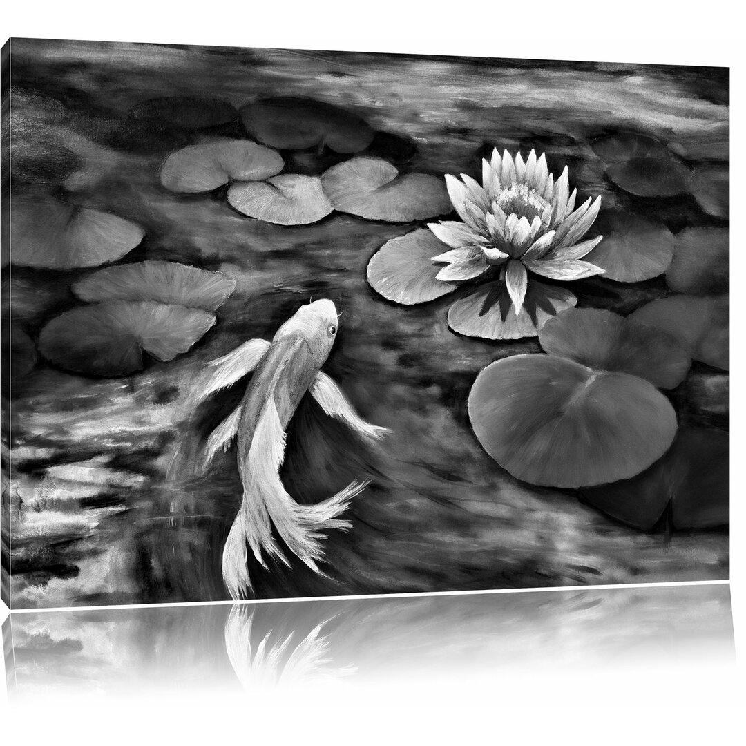 Leinwandbild Koi mit Seerose Kunst in Monochrom