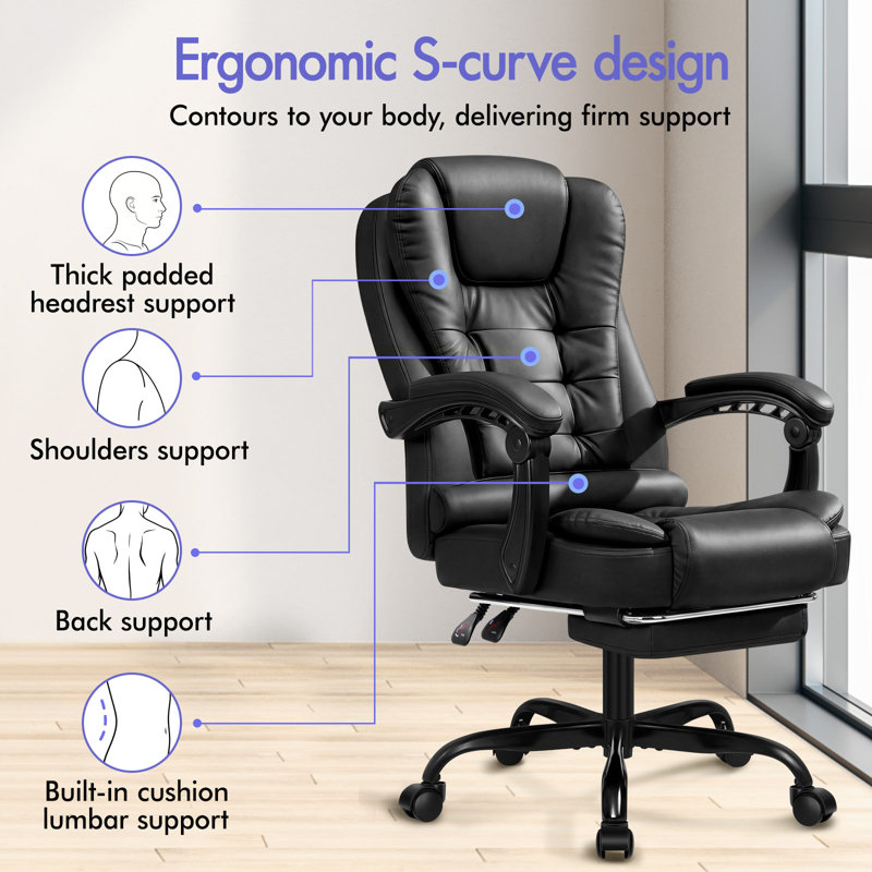 Rebrilliant Executive Chair with Headrest, Faux Leather, Black