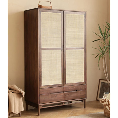 Armoire-penderie à deux portes en rotin et couleur noyer