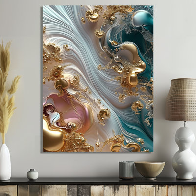 Liquide, ruisseaux, coucher de soleil, rose, turquoise, or - vagues modernes abstraites, art mural