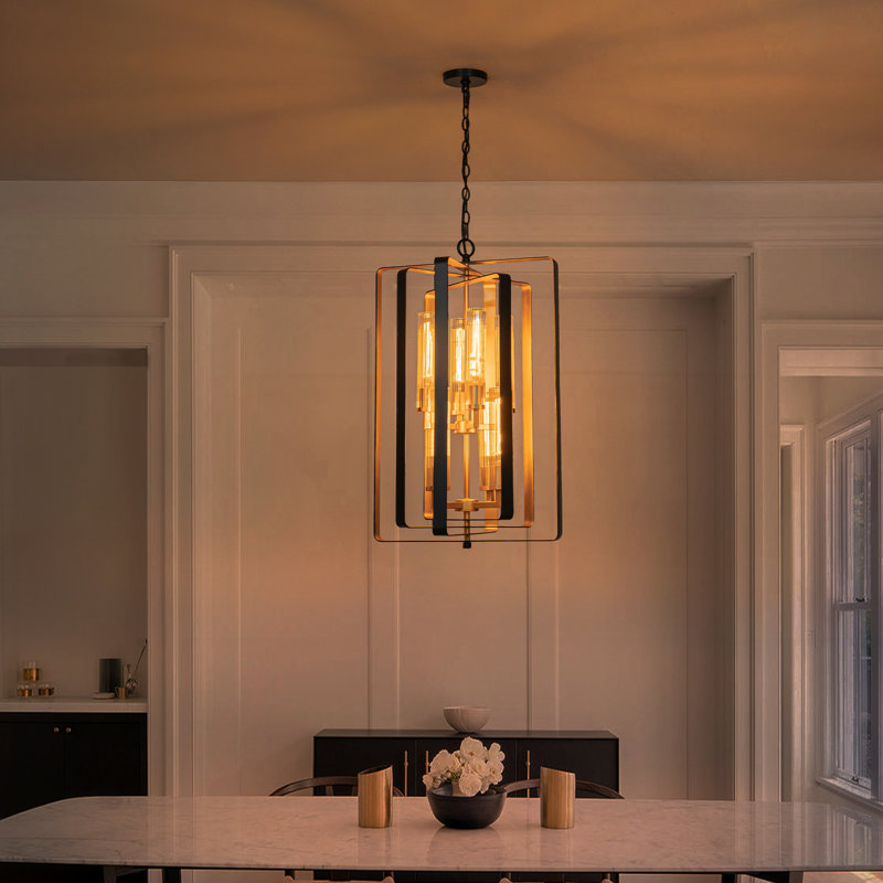 Luminaire suspendu lustre moderne rectangulaire noir et doré à 8 lumières 19,7 po avec abat-jour en verre rayé transparent, hauteur réglable pour le vestibule de l'îlot de cuisine
