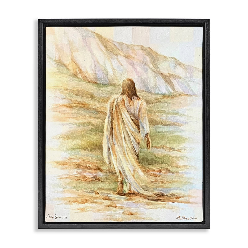 «Forty Days Jesus Walking Floater», art mural par Linda Sperruche, H 21 po x l 17 po, Cadre flottant noir de jais