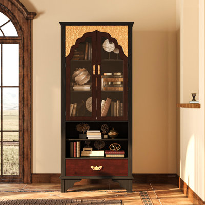71.9"H × 31.5"W 5-Tier Solid Wood Display Bookcase With Glass Doors