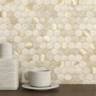 Hexagon Peel And Stick Backsplash Tiles Kitchen,Self-Adhesive Metal And Marble Honeycomb Peel And Stick Wall Tiles Sticker Mosaic Heat Resistant(Beige,10Sheets)