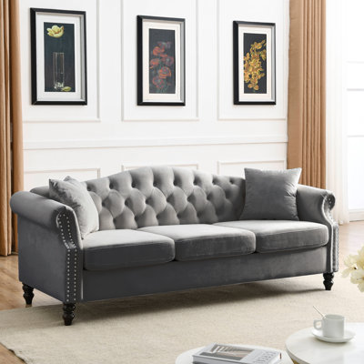 Velvet Chesterfield 3-Seater Sofa with Tufted Back Rolled Arms Nailhead Trim and Two Pillows