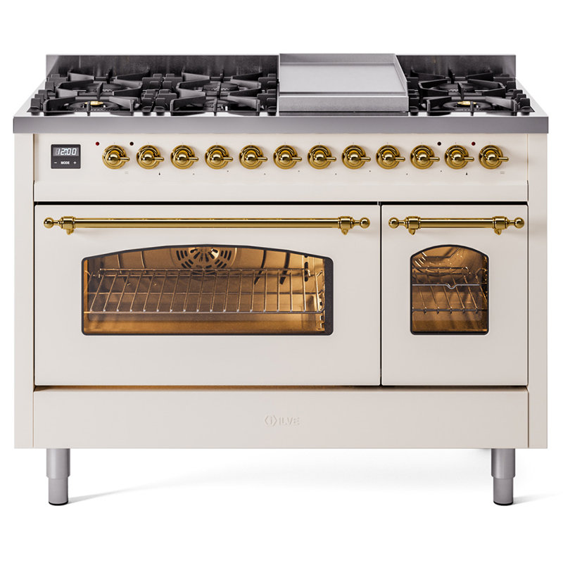 ILVE Nostalgie II Series 48 inch Dual Fuel Range with 8 Sealed Burners, Griddle (Glass Door), Antique White/Brass