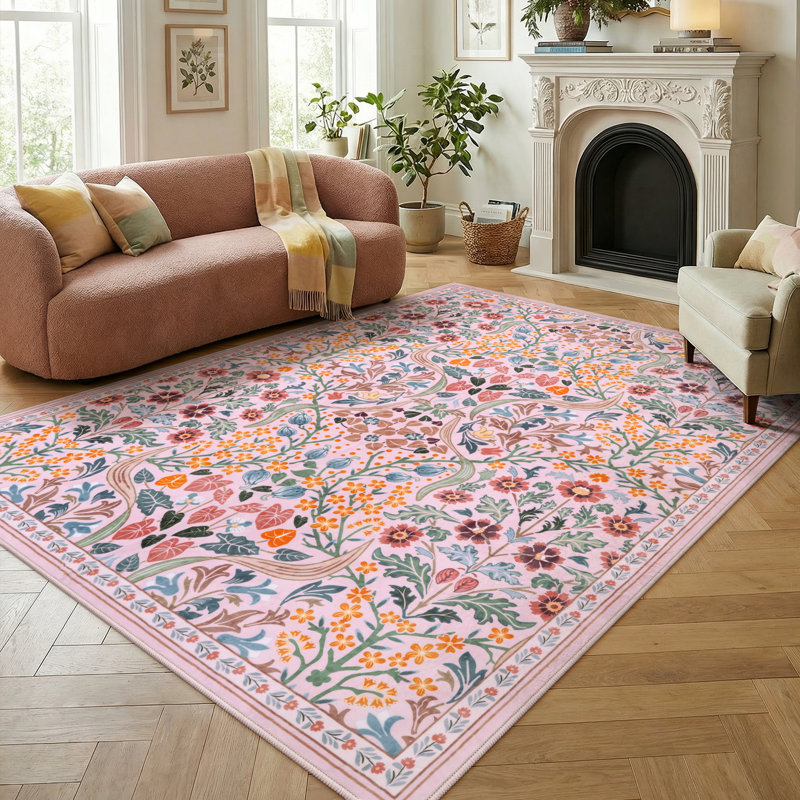 Tapis lavable à motif floral Kaldi, Rectangulaire 8 pi x 10 pi, Rose