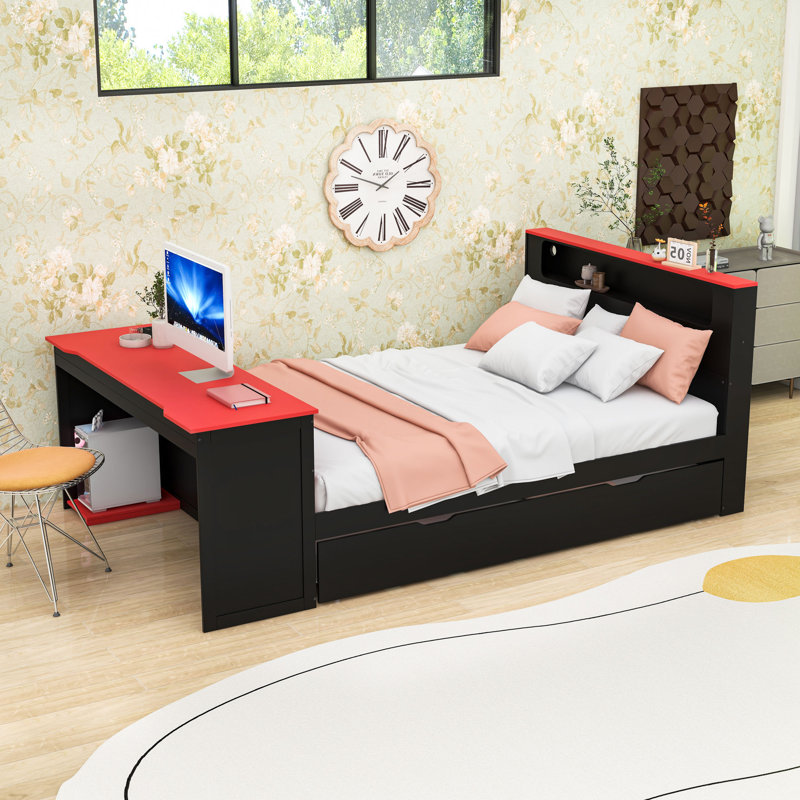 Lit plateforme avec éclairage DEL et lit gigogne simple, bureau, Double, Noir / Rouge