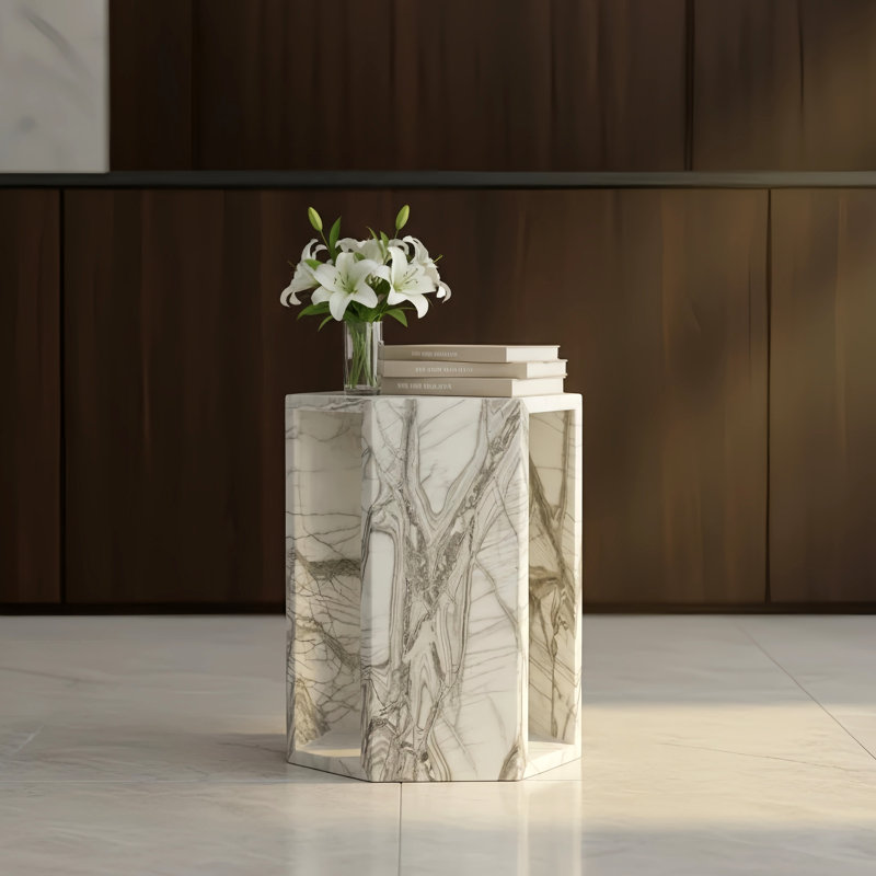 Table d'appoint hexagonale en marbre véritable - table de bout géométrique moderne en pierre avec veines naturelles - table de chevet à piédestal brillant